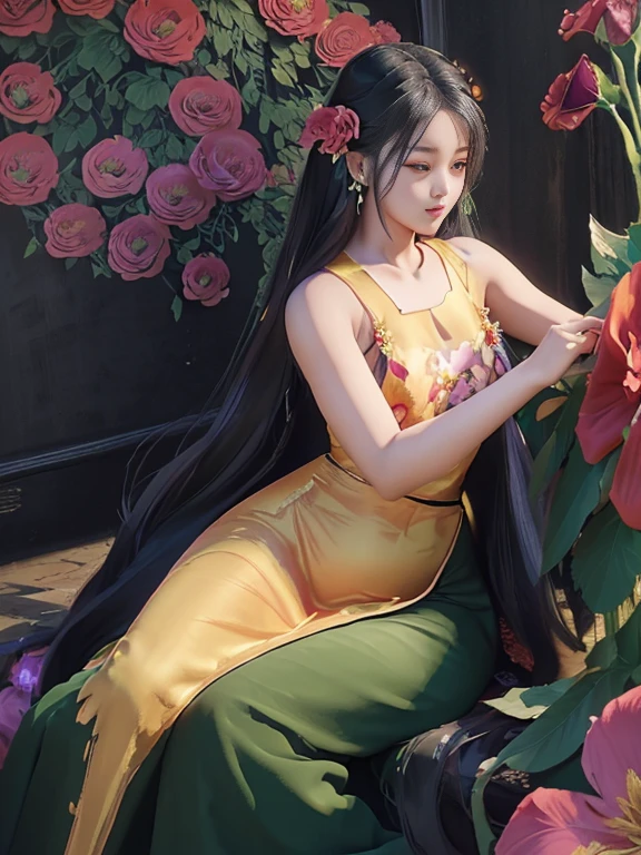Works Female Solo ((Adult iemale)); Long-haired princess( ((Painting a big flower on the dress))) (Yellow dress reflection) (Red dress reflection) (Green dress reflection) (Black dress reflection) (Purple reflection) (Golden dress reflection) romantic, Enjoy the viewer! (fullbody)
cartoon anime (oil paint) Burmese girl, 18 years old scene, background clear Hd 8k