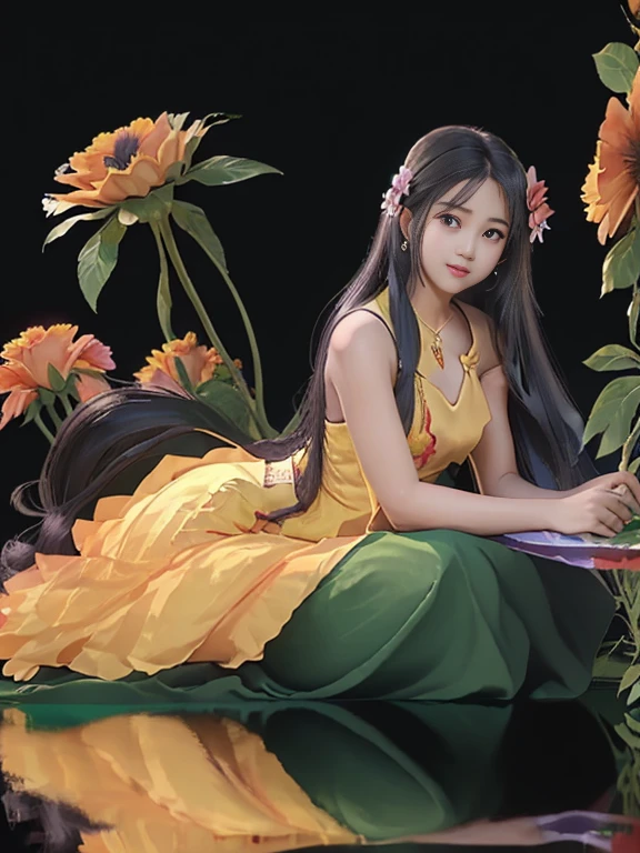 Works Female Solo ((Adult iemale)); Long-haired princess( ((Painting a big flower on the dress))) (Yellow dress reflection) (Red dress reflection) (Green dress reflection) (Black dress reflection) (Purple reflection) (Golden dress reflection) romantic, Enjoy the viewer! (fullbody)
cartoon anime (oil paint) Burmese girl, 18 years old scene, background clear Hd 8k