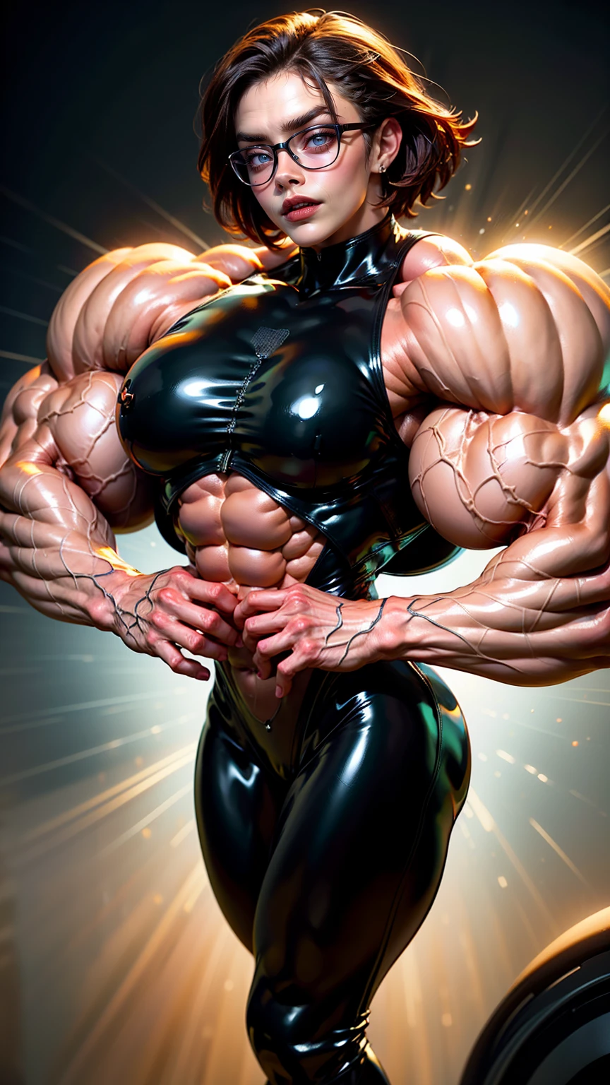 (1 girl), (cara delevingne:1.25),(:1.25), (Muscular:1.9), ((wide shoulders:1.5)), (wearing glasses:1.1), earrings, eyeshadow, lipstick, (full body pose:1), (ten pack abs:1.5), full body view, ((large muscular veiny :1.5)), choker, (sculpted muscles:1.9), detailed eyes, (latex :2), (muscular body:1.9), (looking at viewer), (smile:1.5), round , dark bedroom, night time, rim lighting, two tone lighting, dimly lit, clean skin, low key (DETAILED SKIN), licking lips, ( girl face:1.25), , bokeh, bokeh in the art style of peter mohrbacher