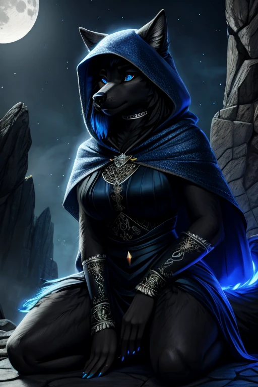 (uploaded on e621), by tsudamaku, by strigiformes, by fluff-kevlar, by nitani, solo, photorealistic, 8k, 4k, ultra HD, absurd res, top quality, masterpiece, cinematic, extremely detailed, highly detailed, high details, intricate details, sharp focus, anthro (black wolf:1.3) female, (fluffy tail), wide hips, curvy, thick thighs, (highly detailed fur, realistic fur, furry:1.2), (long black hair with blue highlights:1.2), long shag haircut, (detailed black face), (blue runes on legs), (blue runes on arms:1.3), big blue eyes, intricate eye detail, eyeliners, blue nails, black choker, big breast, (fantasy clothes:1.2), (hood), cloak, (magic, glowing effect:1.2), sneaking, cautious, focused, kneeling, watching danger, night, moon, realistic shading, ultra detailed facial features