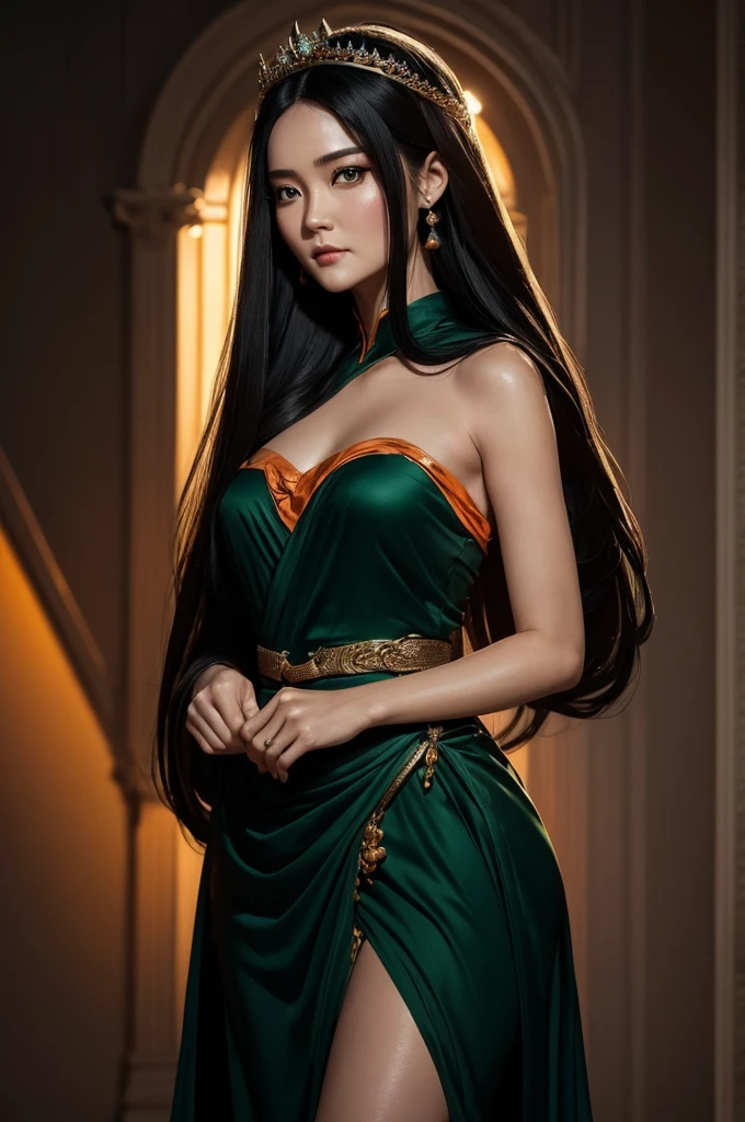 (8K, RAW photo, Best quality, Masterpiece:1.2), Ultra-detailed, Perfect detail , view the viewer, make up, Seductive, shamefaced, (Young:1.2),((20yr old)), Beautiful face, Beautiful eyes, (((Perfect female body, Narrow waist))), Asian look, Hourglass figure, Green eyes, Beautiful appearance, Red silk dress, Puffy lips, Black heels, In the restaurant, Wavy hair, Light makeup, Sublip moles, Dragon tattoo on the shoulder
