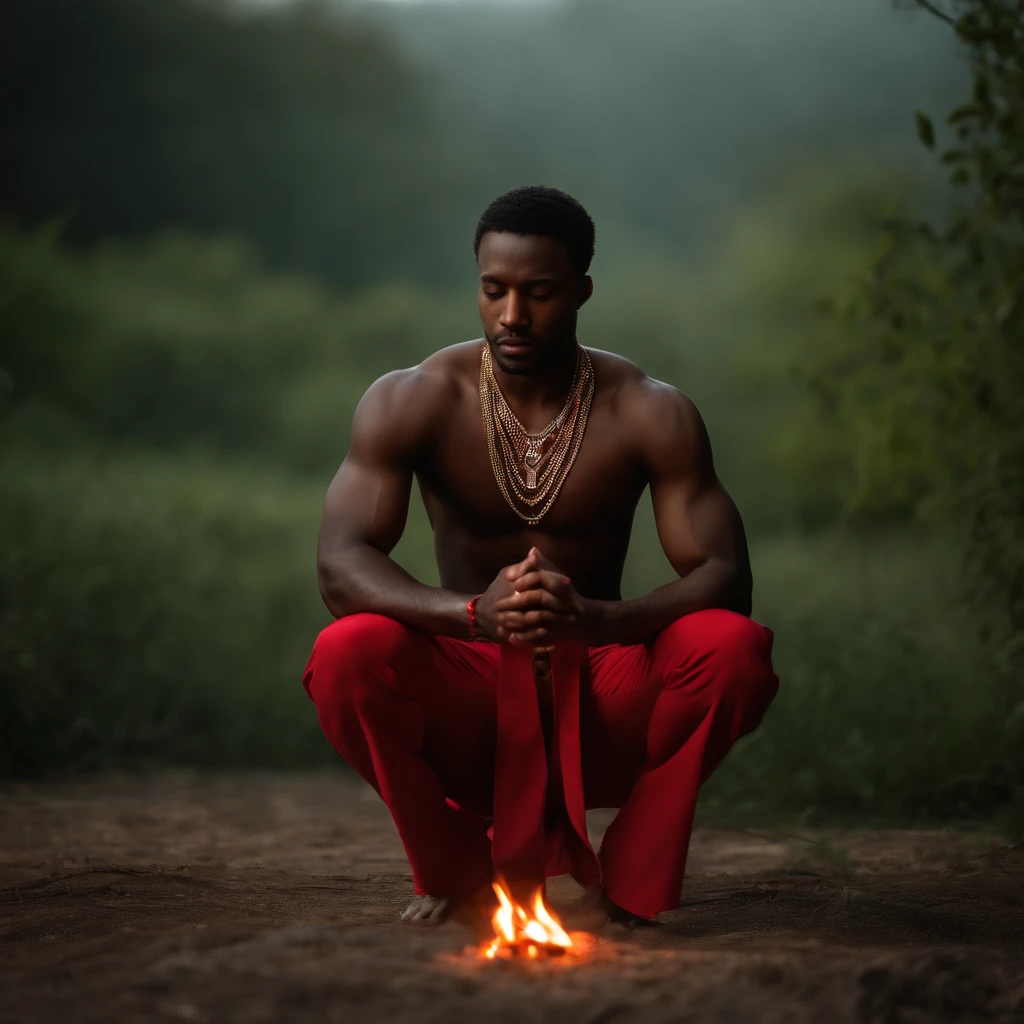 (best quality,realistic),A beautiful black man kneeling in prayer, Hands together,shirtless,Red pants,thin necklace with red beads. Dark scenery with a big bonfire behind.