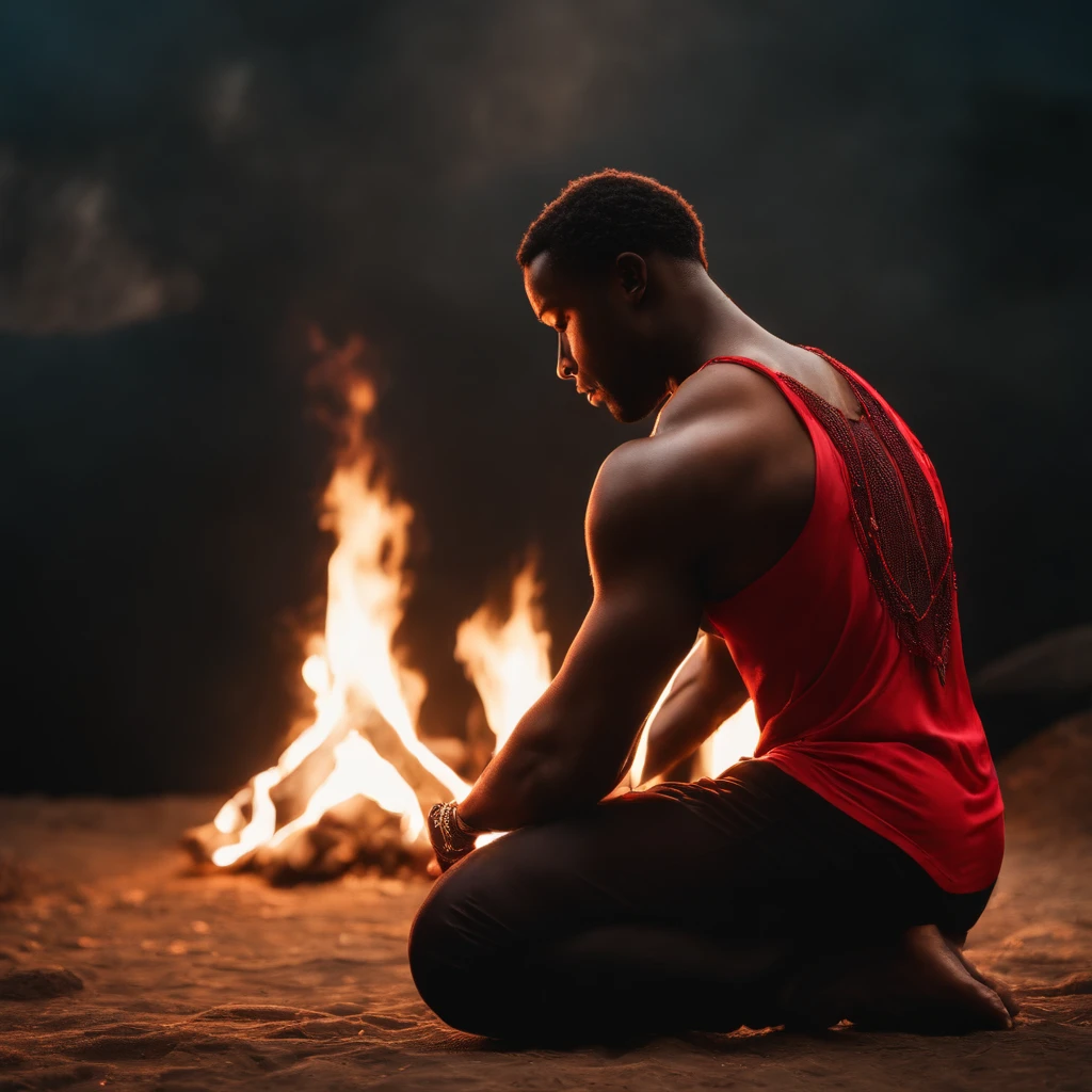 (best quality,realistic),A beautiful black man kneeling in prayer, Hands together,shirtless,Red pants,thin necklace with red beads. Dark scenery with a big bonfire behind.