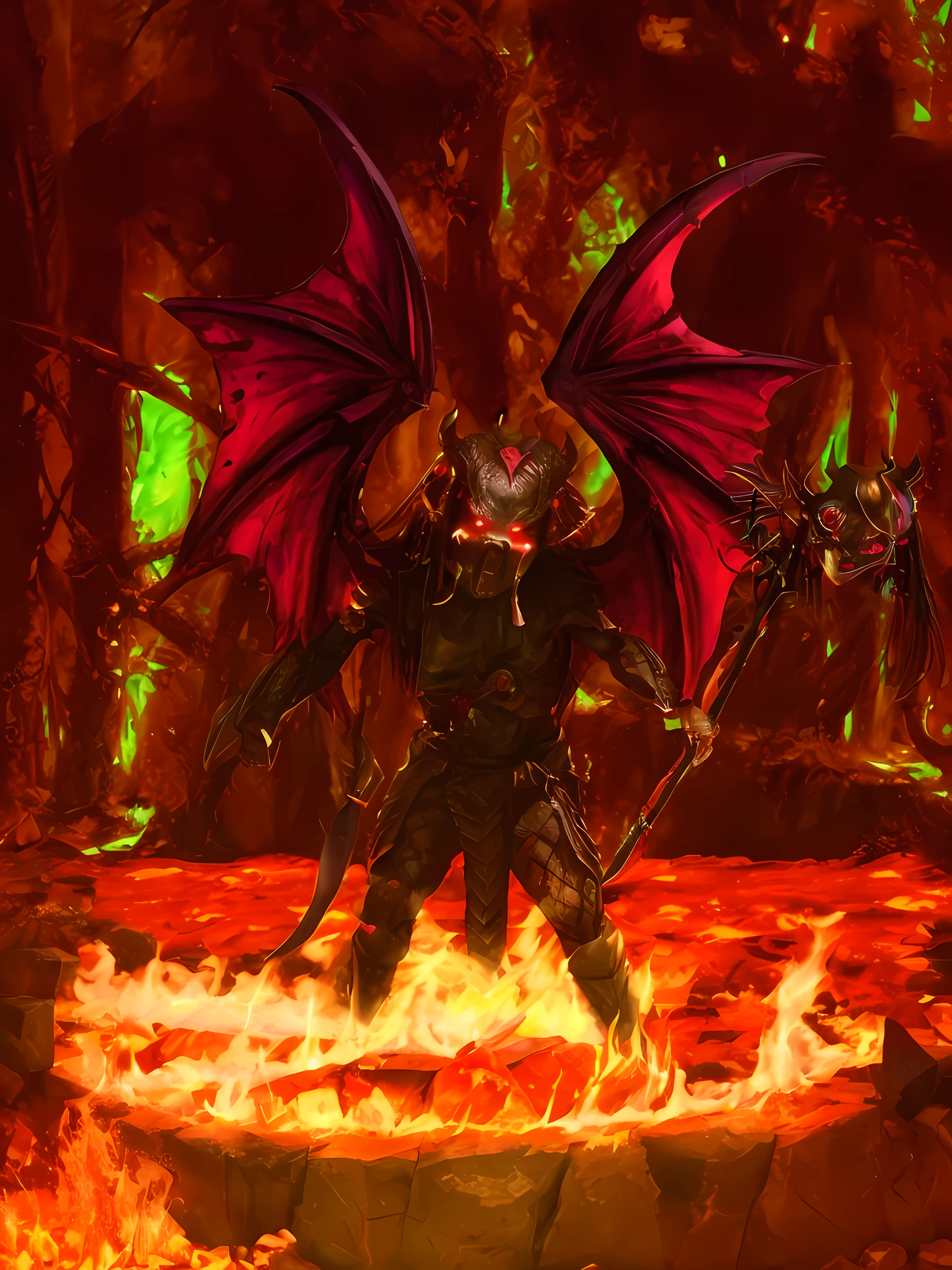 Yautja predator demonic demon with red wings and a scythe in a fire pit, the demonio in hell as a dragon, satan in hell, gobernante del infierno, demon lord, Demonio balrog humanoide musculoso, fondo del infierno, Angel in Hell, fondo del fuego del infierno, Charging through a dragon den, la batalla final en el infierno, Alamuerte, el rey del infierno, demonio, depredador, Yautja, light and shadow correction, sharp, hd, claridad de imagen, infierno, mar de fuego, alas de demonio, ojos rojos luminosos, 