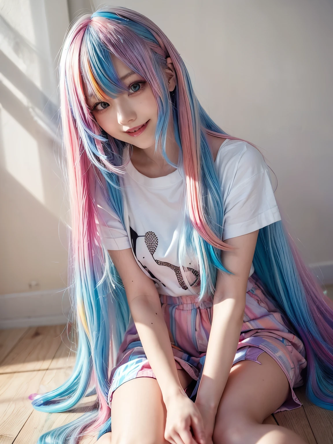 arafed woman sitting on the floor, two color hair, long hair with pastel colors, aurora colored hair, colorful pastel, lalisa manobal, hair coloring, multicolored hair, colourful long hair, two tone hair dye, colorful hair, gradient hair, pastel color, colored hair, light iridescent hair color, grin
