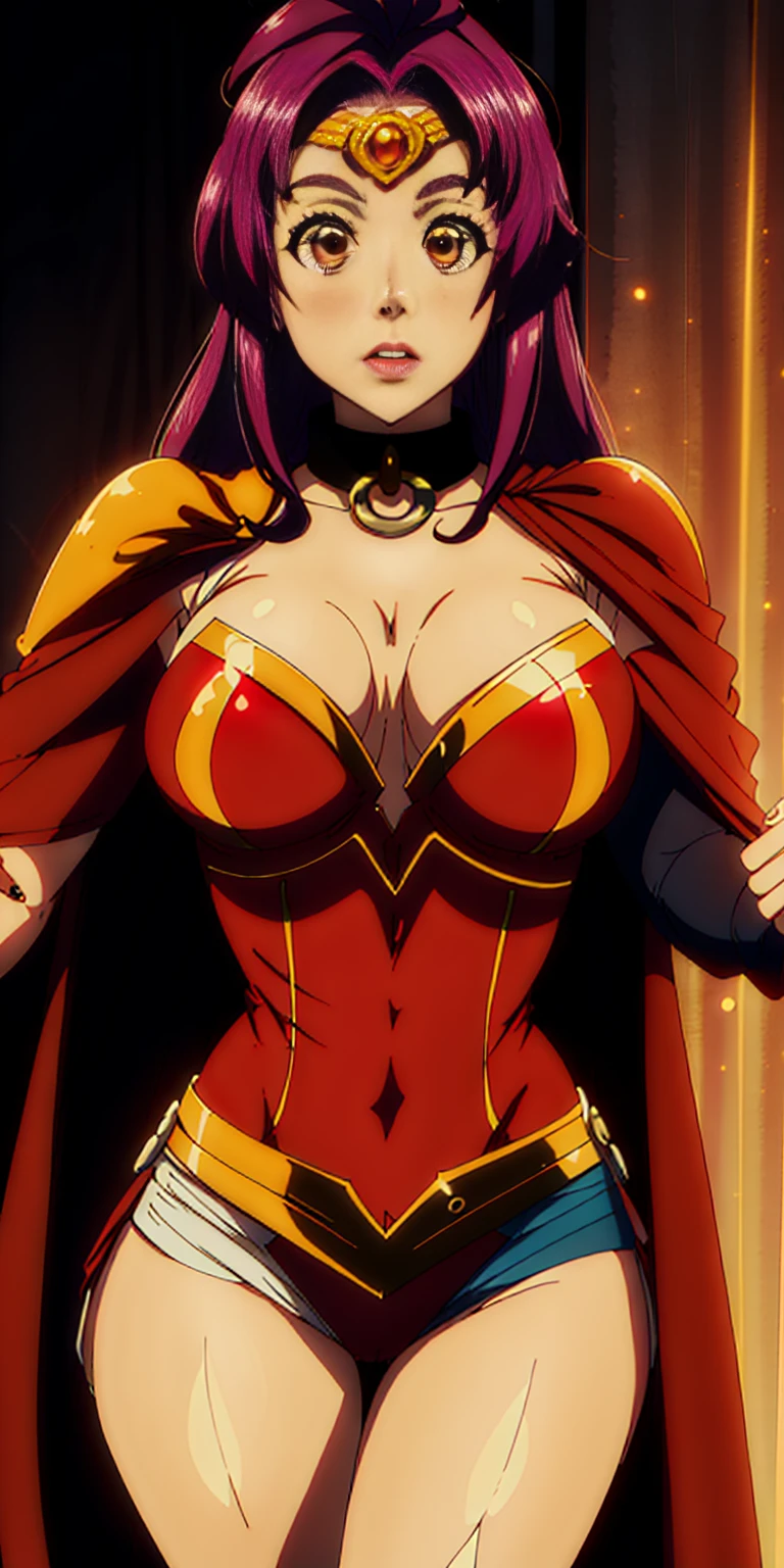 a woman in a red and gold costume posing for a picture, bright red cape on her back, faye valentine, amouranth as a super villain, cory chase as an atlantean, she-ra, she - ra, dressed as wonder woman, cinematic goddess body shot, ornate cosplay, close up half body shot, portrait of modern darna, exposed thighs!!!