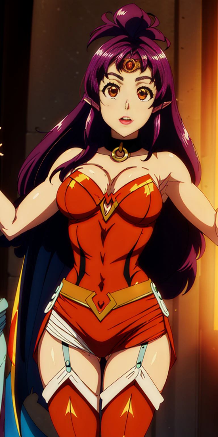 a woman in a red and gold costume posing for a picture, bright red cape on her back, faye valentine, amouranth as a super villain, cory chase as an atlantean, she-ra, she - ra, dressed as wonder woman, cinematic goddess body shot, ornate cosplay, close up half body shot, portrait of modern darna, exposed thighs!!!