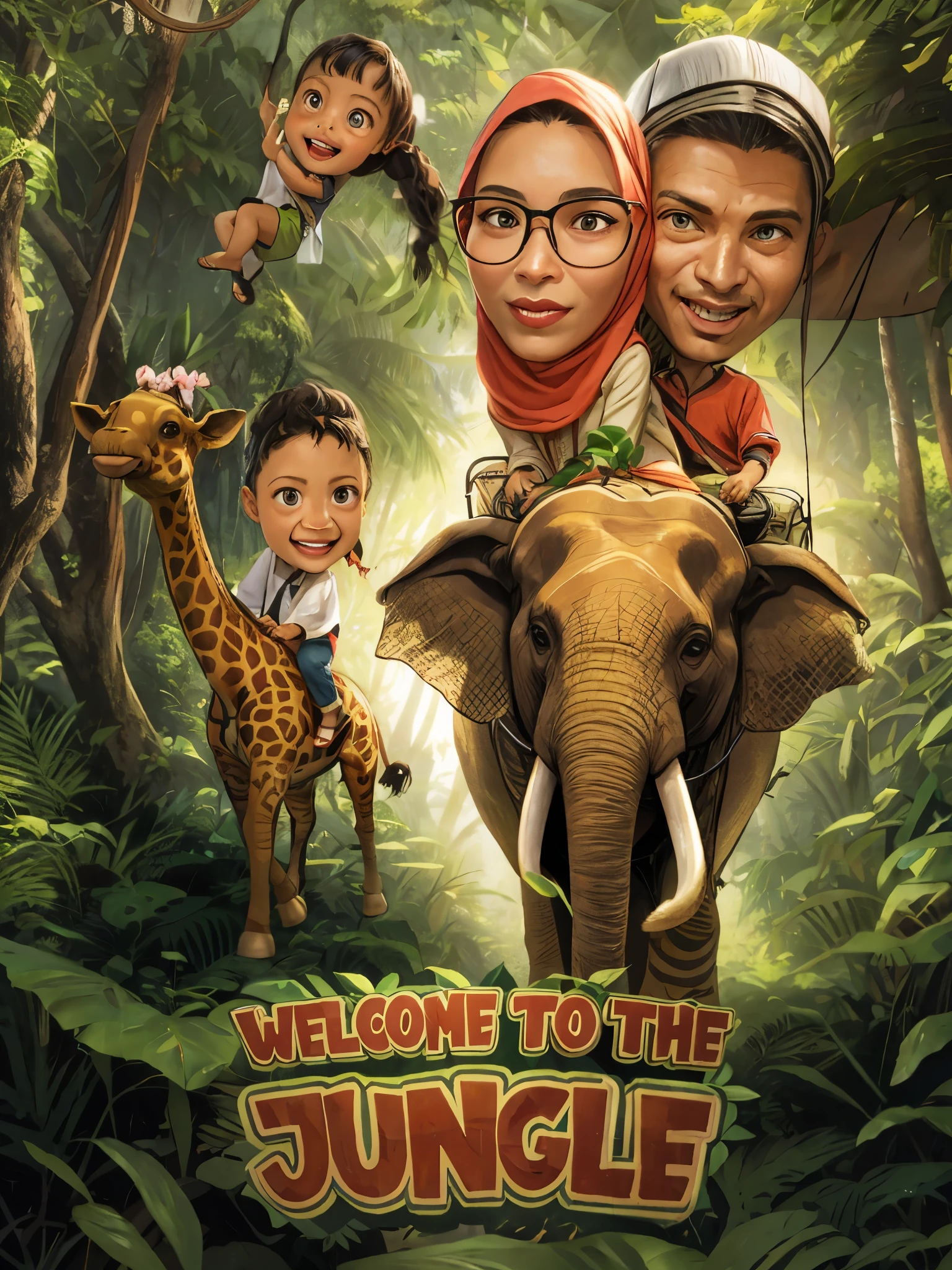 a cartoon picture of a Muslim family riding an elephant in the jungle, father mother with two daughters, two short-haired daughters, the face does not change at all, the jungle in the background, in a jungle forest, jungles in the background, in the jungle, official poster, animation printed poster, thick jungle, jungle as the background, jungle in the background, on a jungle forest 