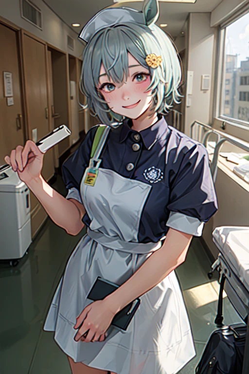 Seiun Sky (umamusume), 1lady solo nurse, /(nurse uniform cap/), /(short hair/), blush kind smile, (masterpiece best quality:1.3) delicate illustration ultra-detailed , large breasts BREAK /(hospital hallway/)