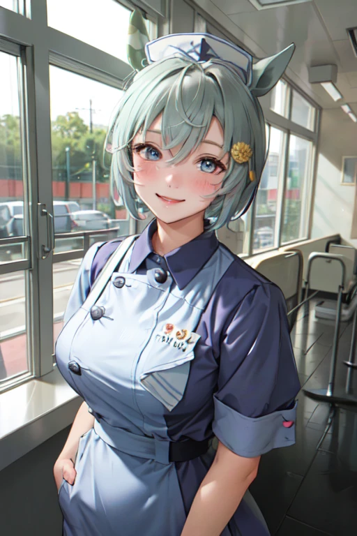 Seiun Sky (umamusume), 1lady solo nurse, /(nurse uniform cap/), /(short hair/), blush kind smile, (masterpiece best quality:1.3) delicate illustration ultra-detailed , large breasts BREAK /(hospital hallway/)