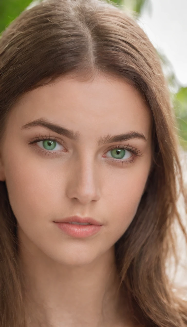 A realistic photo shot of a head face , 19 year old girl who has bright green eyes. Her look could be a beauty of Bahamas Actress.