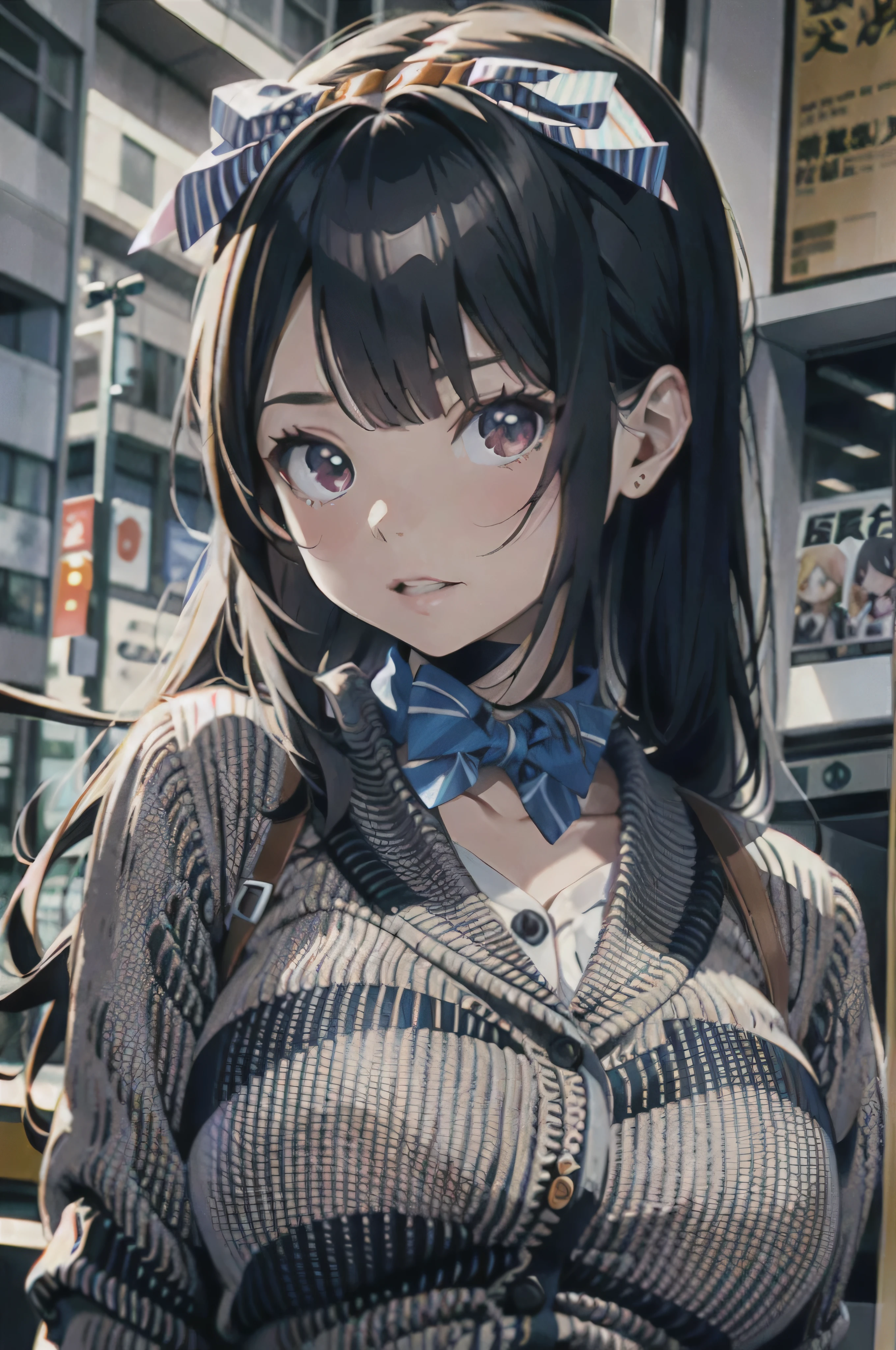 there is a woman with a bow tie and a striped shirt, hyperrealistic , a hyperrealistic , realistic , captured on canon eos r 6, ultrarealistic sweet bunny girl, detailed image, photorealistic anime girl render, perfect android girl, integrated synthetic android, realistic young anime girl, photorealistic anime, rin, soft portrait shot 8 k