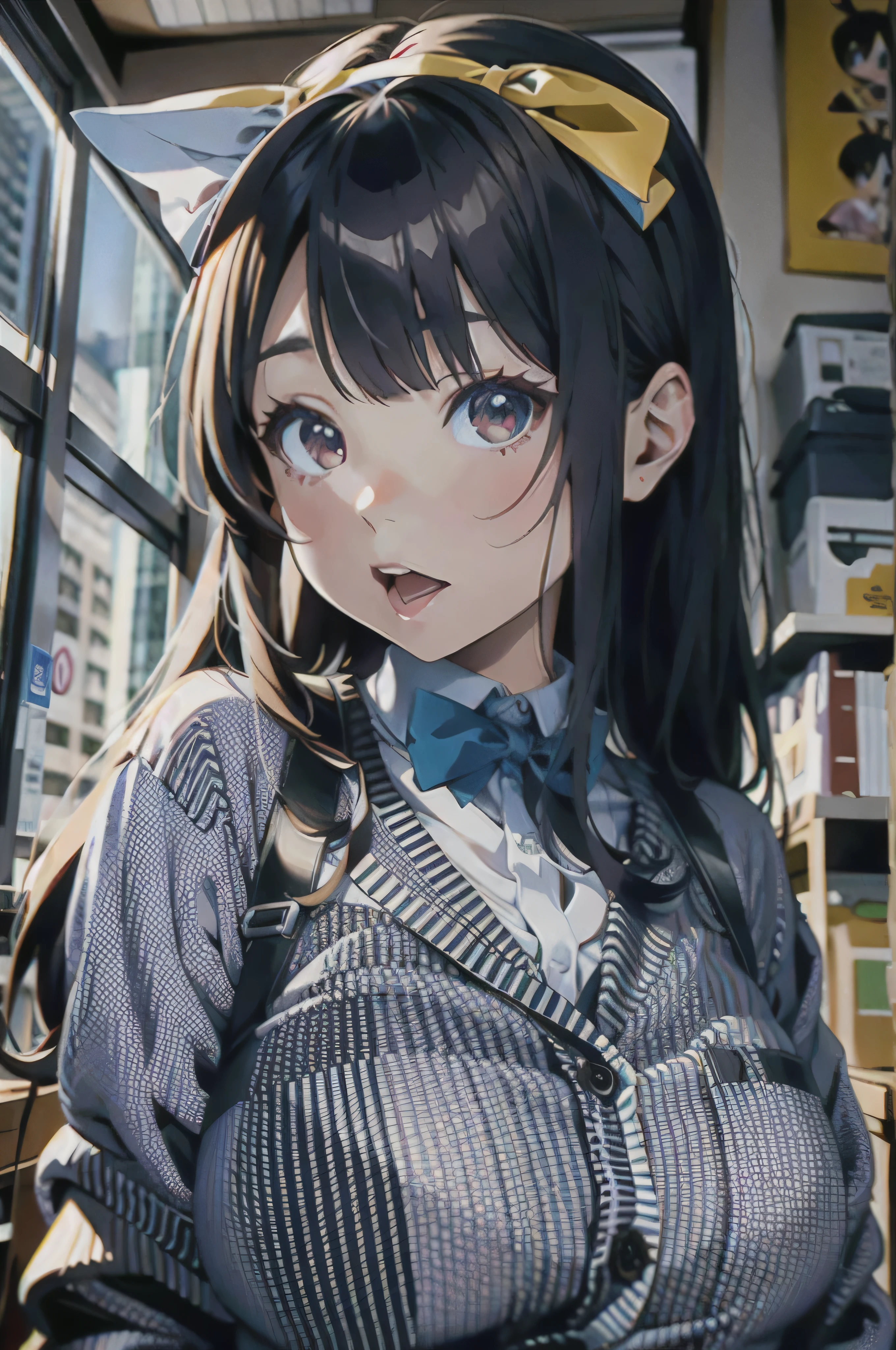 there is a woman with a bow tie and a striped shirt, hyperrealistic , a hyperrealistic , realistic , captured on canon eos r 6, ultrarealistic sweet bunny girl, detailed image, photorealistic anime girl render, perfect android girl, integrated synthetic android, realistic young anime girl, photorealistic anime, rin, soft portrait shot 8 k