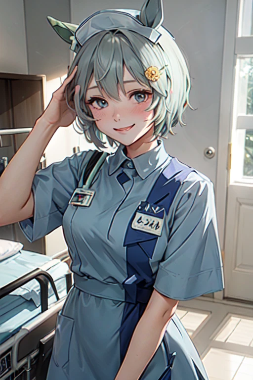 Seiun Sky (umamusume), 1lady solo nurse, /(nurse uniform cap/), /(short hair/), blush kind smile, (masterpiece best quality:1.3) delicate illustration ultra-detailed , large breasts BREAK /(hospital hallway/)