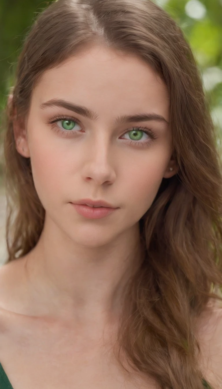 A realistic photo shot of a head face , 19 year old girl who has bright green eyes. Her look could be a beauty of Barbados Actress.