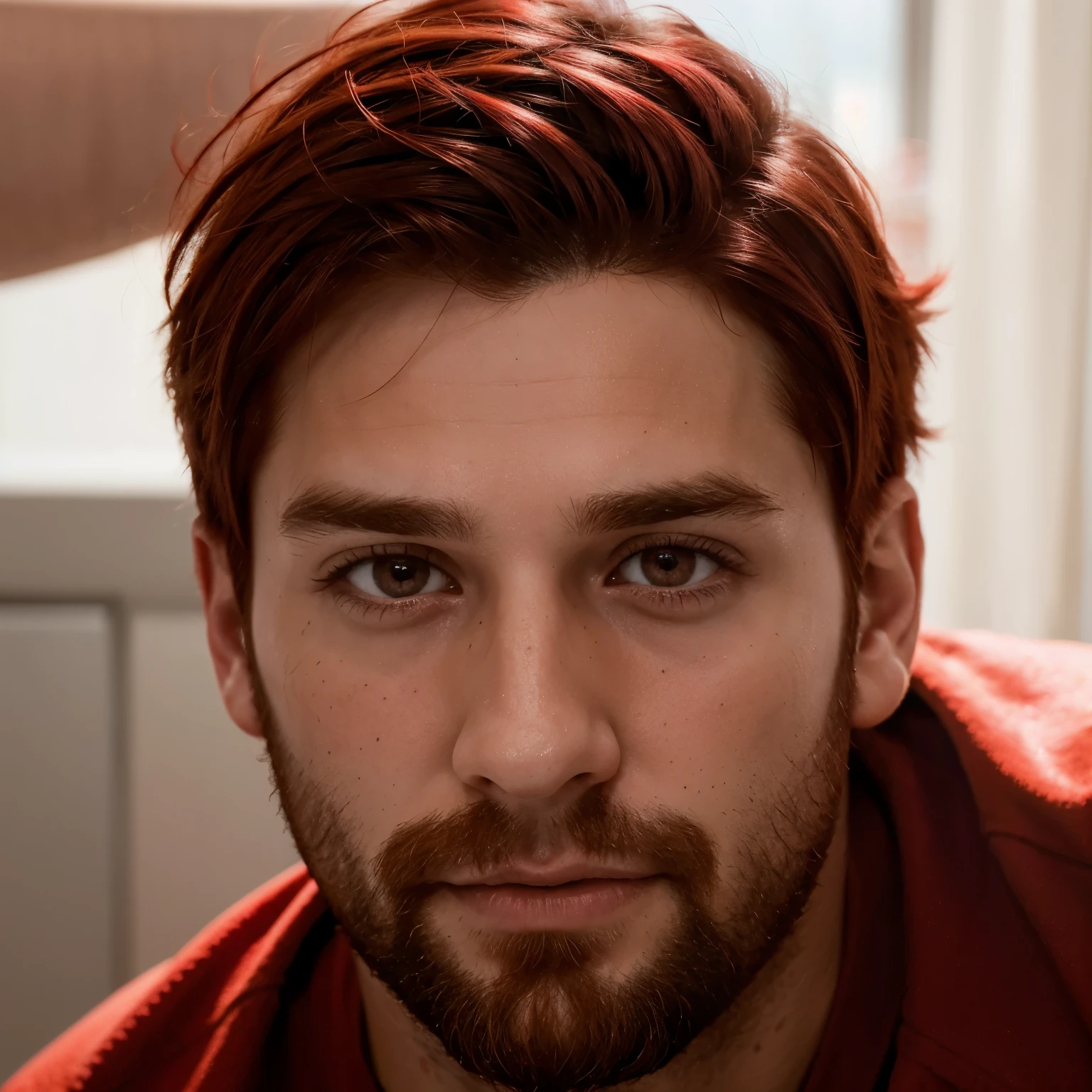 30-year-old man with red hair, short-medium hair, ojos rojo y algunas cicatrices leves en la cara, usando un frac y descansando