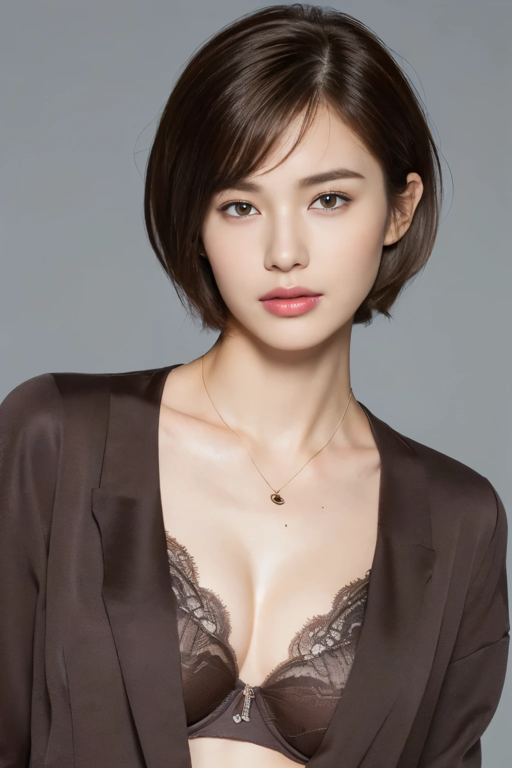 ((top-quality、8K、masterpiece: 1.erfect Body Beauty: 1.4、Slender Abs: 1.2、Beautiful woman with slender abs:1.3、(Highlight Haircutreast B Cup:1.2), medium breast, round shape breast, perfect shape breast, (jacket) necklace, hyperdetailed face、18year old、 Pretty women、(Dark brown short-cut hair), Slim Face、Highly detailed facial and skin texture、very detailed lips、opens legs、top-quality、masterpiece、超A high resolution、(Photorealsitic:1.4),(()), As she confidently posing for camera, , studio light, gray background, full body