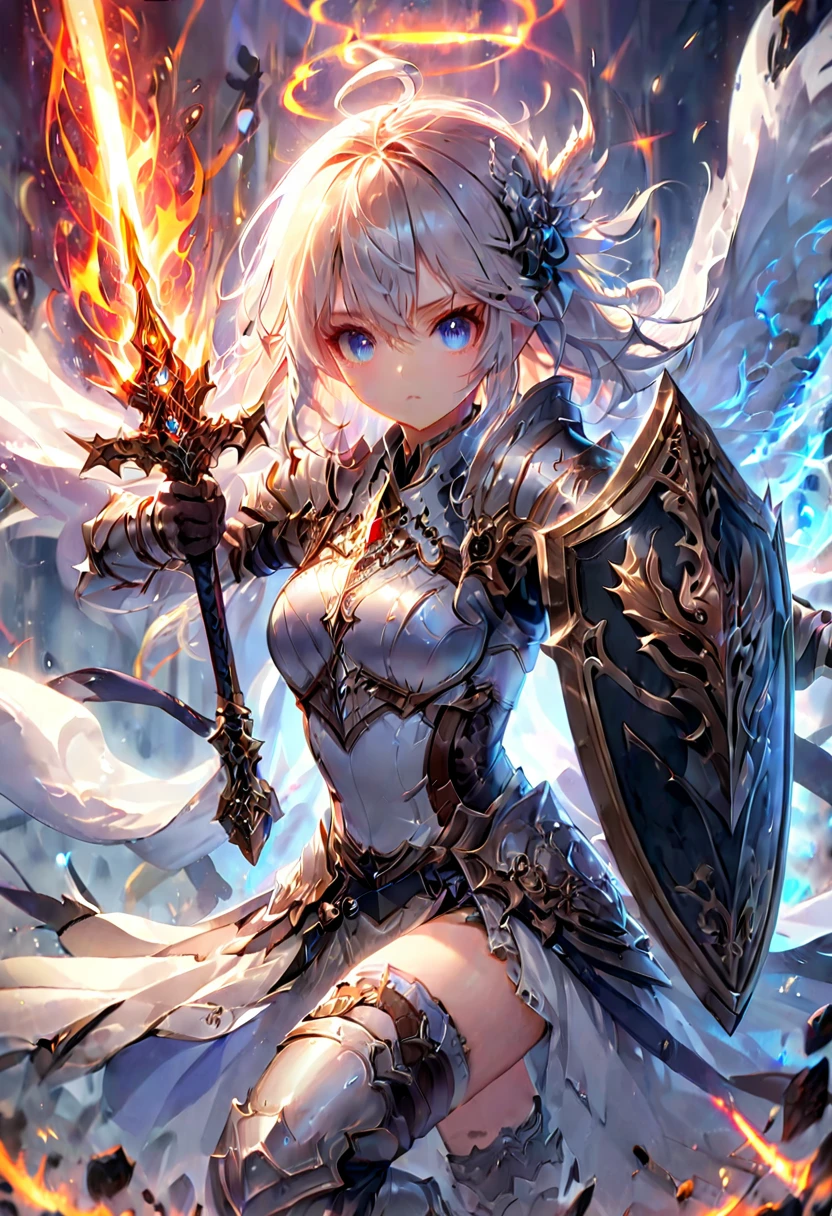 1girl,Swordsman,Sword and shield,(best swordsmanship, skilled swordsman,sword fighting expert,ethereal swords,forcefield defense:1.2),(great detail,ultra detailed,sharp focus,highres),(fantasy,illustration),(detailed armor,glistening metal),(epic battle,action scene),(mystical aura,magical warrior),(intense focus:1.1),brilliant colors,vivid colors,fiery background,strong poses,(dynamic movement,acrobatic combat),(heroic expression,determined look)