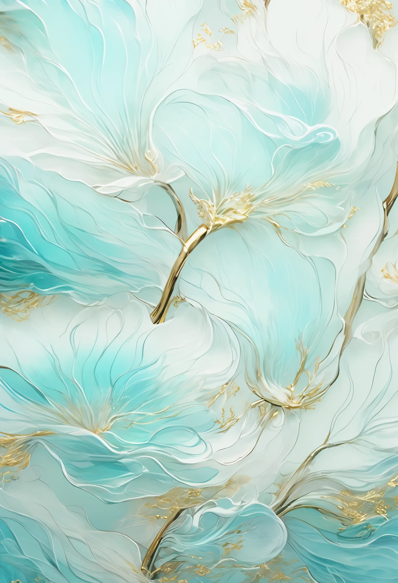 Chinese painting nature illustration, Ethereal dream style, Gold and Aquamarine, Layered imagery with subtle irony, illustration, Futuristic Colored Waves, Light cyan and white, precise, Detailed