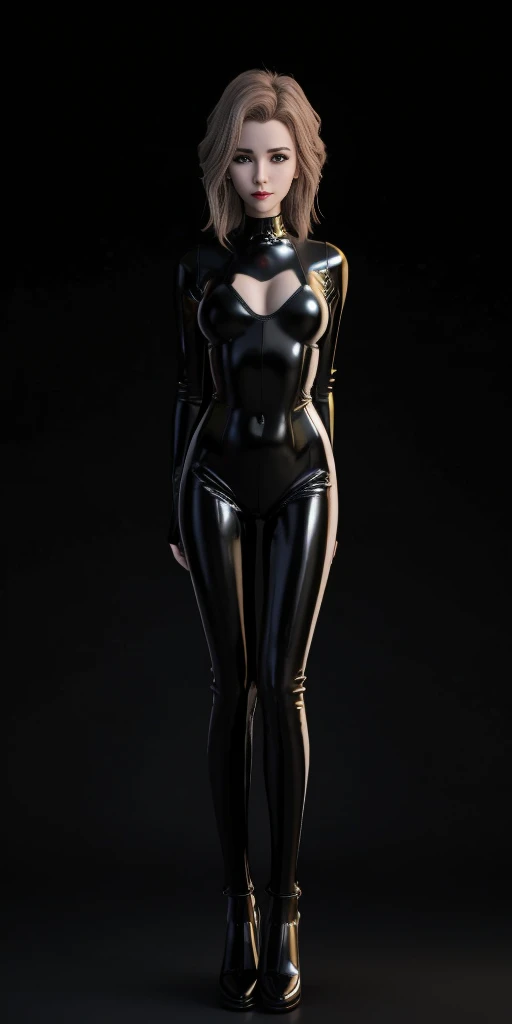 anime character in latex posing for a photo in a dark room, black latex sculpt, black latex suit, futuristic glossy latex suit, black latex, cyberpunk glossy latex suit, dominatrix robot, 3d render of catwoman, latex shiny, latex skin, wearing latex, wearing black latex outfit, rubber suit, wearing a black catsuit, black latex female balaclava