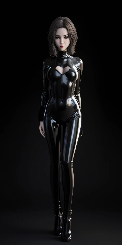 anime character in latex posing for a photo in a dark room, black latex sculpt, black latex suit, futuristic glossy latex suit, black latex, cyberpunk glossy latex suit, dominatrix robot, 3d render of catwoman, latex shiny, latex skin, wearing latex, wearing black latex outfit, rubber suit, wearing a black catsuit, black latex female balaclava