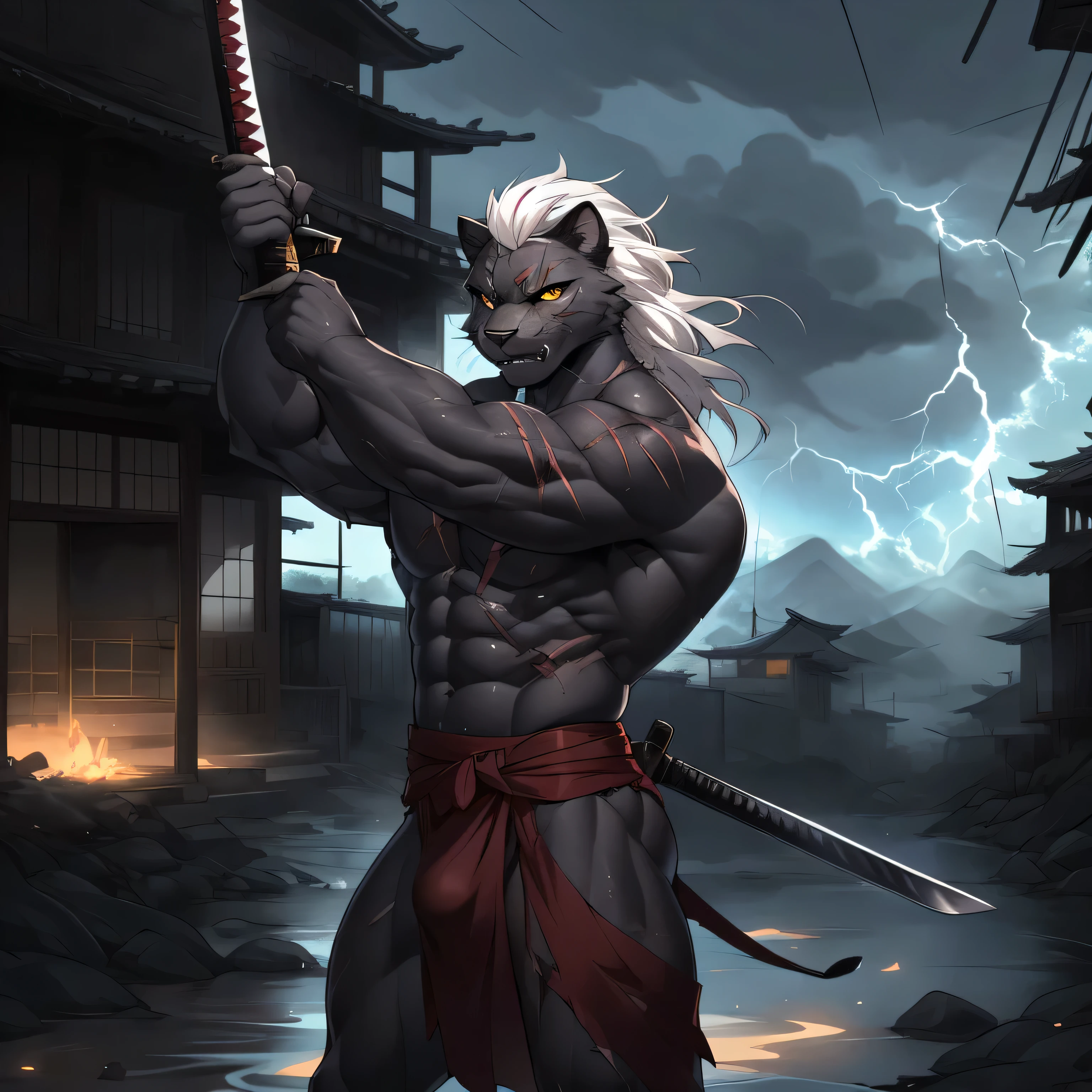 Solo, cute black panther male, yellow eyes, snout, Man athletic physique, big chest muscle, masculine, very muscular, white hair, top knot hair, snarling, feline teeth, scar on left eye, scars and cut wounds on body, naked, wearing red loincloth with bulge, muscles flexing, holding katana sword by the handle, elegant katana, in a dark destroyed Japanese village, thunderstorm, by fumiko, by hyattlen, by gudlmok99