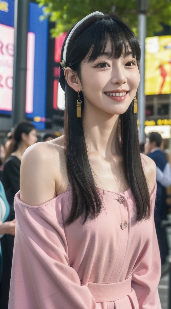 yor, Mature female, bangs, side locks, Red eyes, pink hair, hair adornments,sportrait, (face:1.2), schoolgirls, smile,bare shoulders, walking at time square buzz, (Robe:1.21), clavicle, Willow Branch, (masterpiece best quality :1.2),