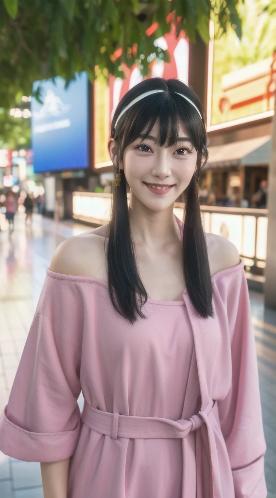 yor, Mature female, bangs, side locks, Red eyes, pink hair, hair adornments,sportrait, (face:1.2), schoolgirls, smile,bare shoulders, walking at time square buzz, (Robe:1.21), clavicle, Willow Branch, (masterpiece best quality :1.2),