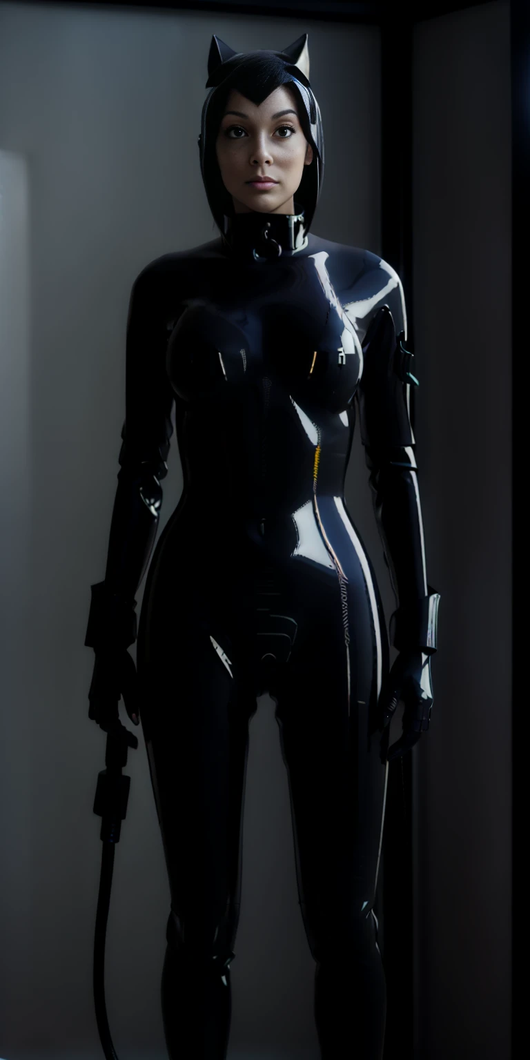 anime character in latex posing for a photo in a dark room, black latex sculpt, black latex suit, futuristic glossy latex suit, black latex, cyberpunk glossy latex suit, dominatrix robot, 3d render of catwoman, latex shiny, latex skin, wearing latex, wearing black latex outfit, rubber suit, wearing a black catsuit, black latex female balaclava