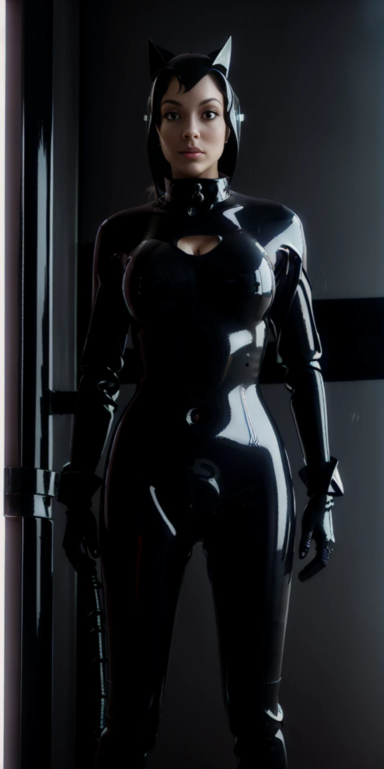 anime character in latex posing for a photo in a dark room, black latex sculpt, black latex suit, futuristic glossy latex suit, black latex, cyberpunk glossy latex suit, dominatrix robot, 3d render of catwoman, latex shiny, latex skin, wearing latex, wearing black latex outfit, rubber suit, wearing a black catsuit, black latex female balaclava