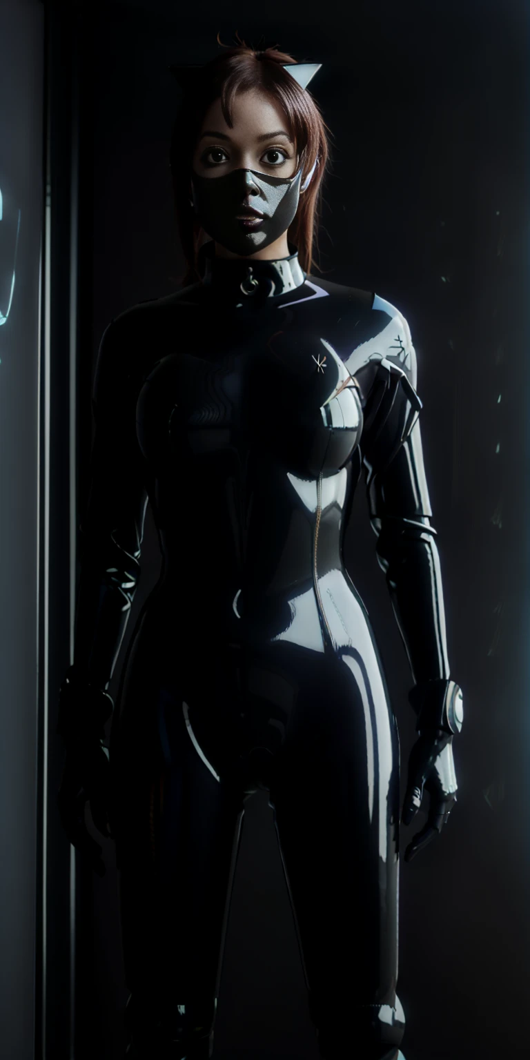 anime character in latex posing for a photo in a dark room, black latex sculpt, black latex suit, futuristic glossy latex suit, black latex, cyberpunk glossy latex suit, dominatrix robot, 3d render of catwoman, latex shiny, latex skin, wearing latex, wearing black latex outfit, rubber suit, wearing a black catsuit, black latex female balaclava