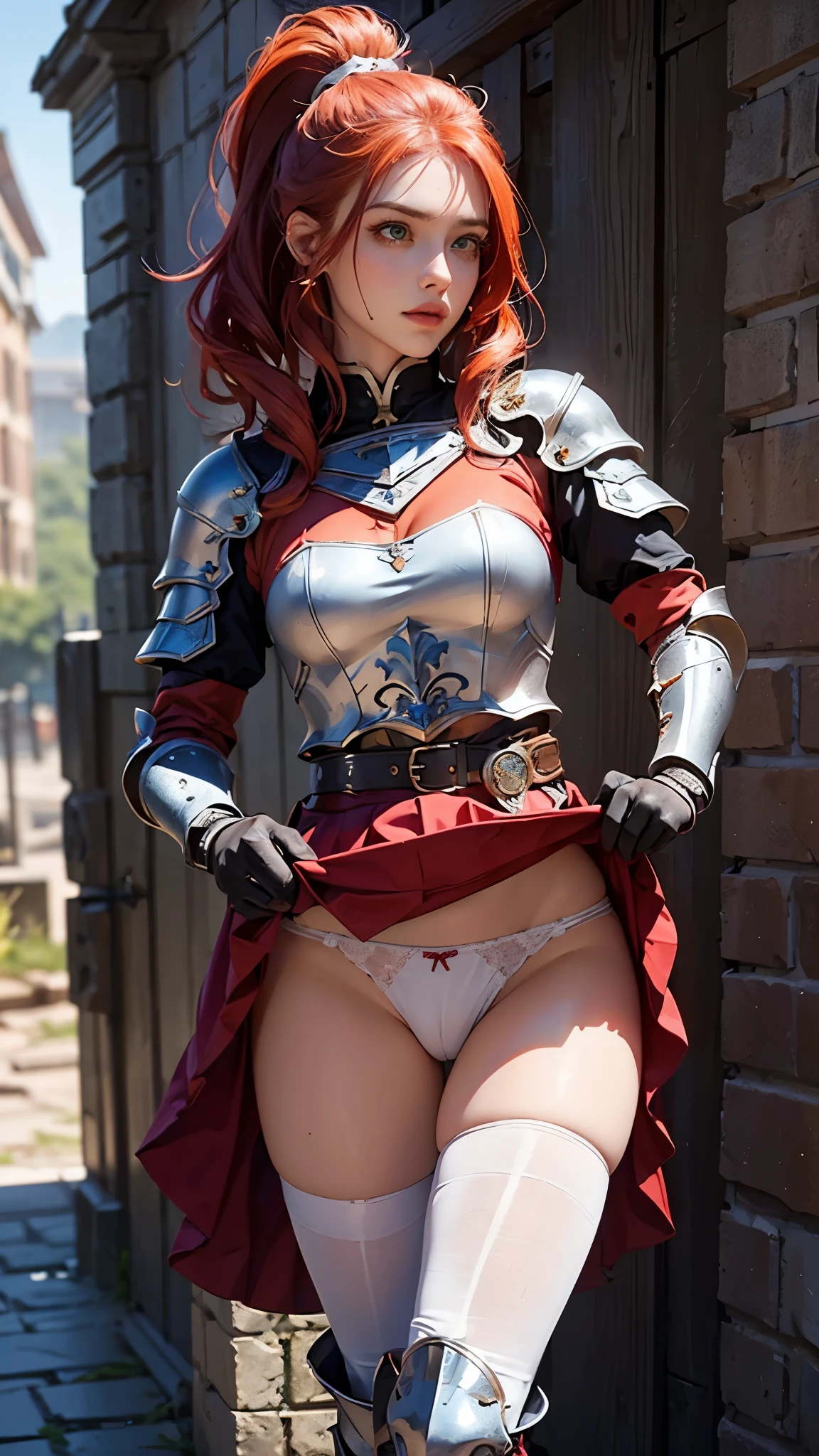 (female warrior: 1.5), (redhead warrior girl: 1.3), 1 girl, solo, pretty girl, young girl, (red hair), (green eyes), thin girl, small breasts, pretty face, slim waist, thin legs , gap between thighs, (knight's armor), (steel breastplate, steel gauntlets, steel gloves: 1.1), (red mini skirt: 1.3), (skirt lifted by itself: 1.1), (skirt lift: 1.3), (showing white panties: 1.3), white panties, tiny panties, (cameltoe: 1.2), frontal, (cowboy shot), medieval fantasy, Dungeons and dragons, RPG character, best quality, (masterpiece), ultra-realistic, 8k, (At SFW:1.7)
