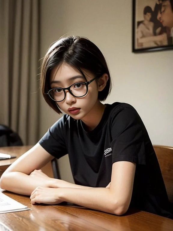 1girl, solo, looking at viewer, short hair, shirt, black hair, holding, sitting, short sleeves, glasses, indoors, black eyes, cup, lips, gun, black shirt, table, drinking glass, realistic