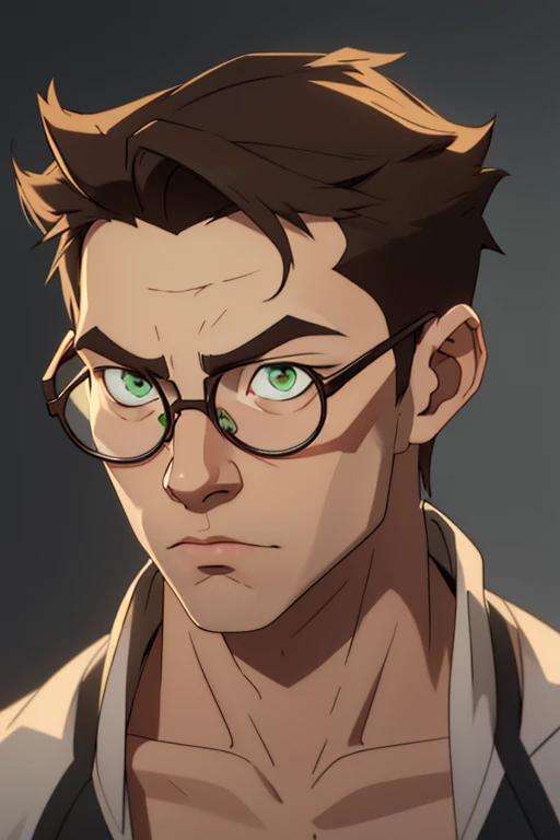 jon, a young guy in his 30s with asymmetric very short brown hair, green eyes with brown specs, a flat nose, smooth skin, slim athletic body, ((look to the side)), different perspectives