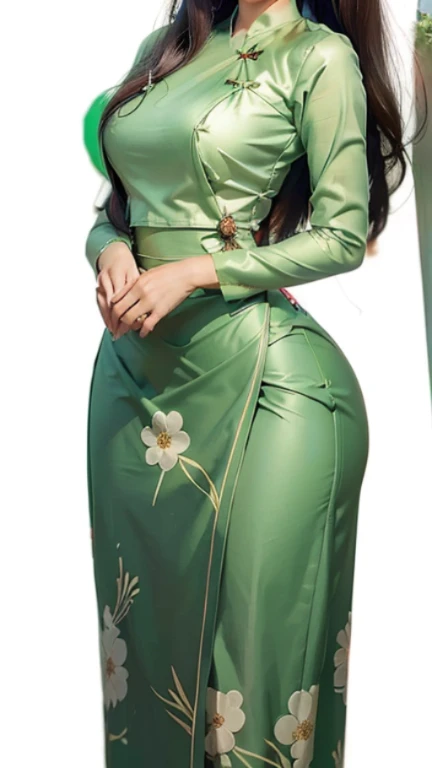 Burmese girl with attractive curvy full body.  Friends full-length bikini, (green dress) reflective long dress painted with flower patterns, only dress.  hi gh hips  High resolution  High resolution  natural background  High resolution  HD  3D,  8K cartoon anime 
