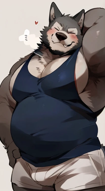 Chubby, furry,male , anthro dark grey wolf, very plump, middle aged  ,Thick beard, seductive  , hand behind head, detailed , half body , tight Navy tank top, extremely hot and sexy, eye closed, by hyaku ,by darkgem, by glitter trap boy