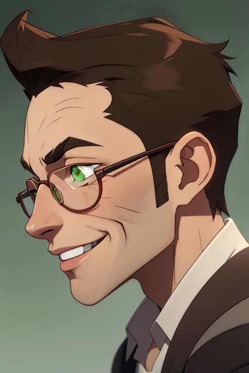 jon, a young guy in his 30s with asymmetric very short brown hair, green eyes with brown specs, a flat nose, smooth skin, slim athletic body, ((near face profile)), different perspectives, smiling