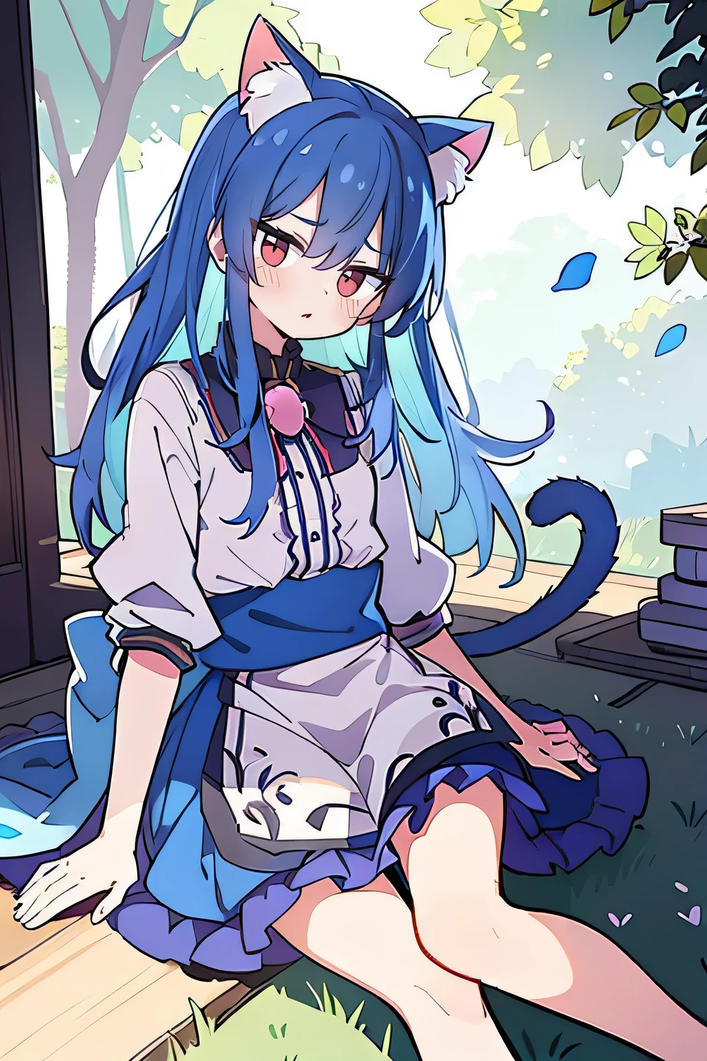 (masterpiece:1.2),ultra-detailed,realistic,expressive eyes,fair-skinned,perfectly shaped face,1girl,
Japanese cartoons,Gorgeous blue hair, flowing blue hair,floating clothes,cat ears,petals falling,beautiful Lola,Hina Angel,
hands on waist,gracefully sitting on the ground,legs crossed,gentle and serene background,cool and comfortable pavilion.