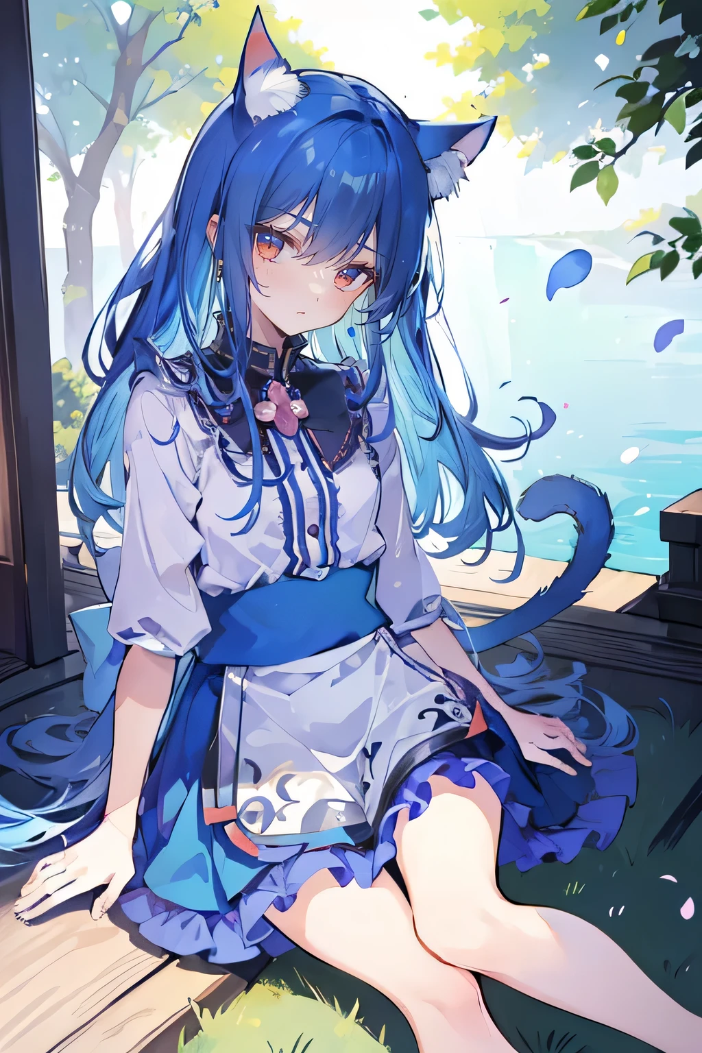 (masterpiece:1.2),ultra-detailed,realistic,expressive eyes,fair-skinned,perfectly shaped face,1girl,
Japanese cartoons,Gorgeous blue hair, flowing blue hair,floating clothes,cat ears,petals falling,beautiful Lola,Hina Angel,
hands on waist,gracefully sitting on the ground,legs crossed,gentle and serene background,cool and comfortable pavilion.