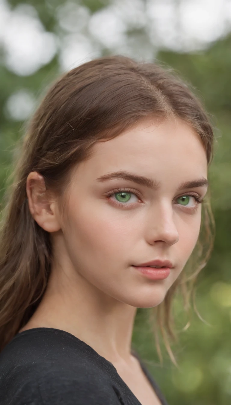 A realistic photo shot of a head face , 19 year old girl who has  bright green eyes. Her look could be a beauty of the Grenadines 