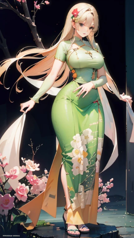 Burmese girl with attractive curvy full body.  Friends full-length bikini, (green dress) reflective long dress painted with flower patterns, only dress.  hi gh hips  High resolution  High resolution  natural background  High resolution  HD  3D,  8K cartoon anime 