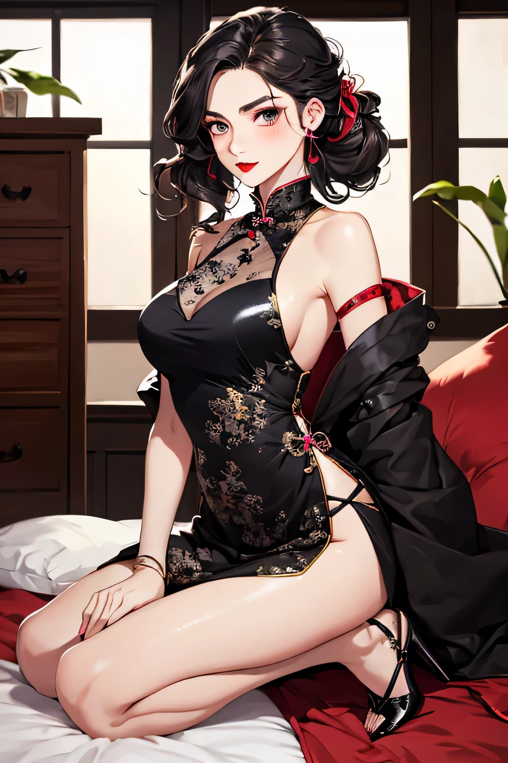(highest quality:1.4)、High resolution、Detailed Background、(Beautiful face in every detail:1.4)、Anatomically correct、(Draw the usual number of fingers:1.2)、(Detailed facial expressions)、Realistic、beautiful, Teenage Beauty、Huge breasts、Perfect body line、Thick thighs、Elegant atmosphere、Well-groomed eyebrows、Well-groomed eyebrows balance the entire face、Excited、Blushing、indoor、Calm atmosphere、
Shiny Chinese Dress、Dark colors such as red and black、Put on high heels、Strap and ribbon design、Pearl and metal accessories、An updo is recommended to accentuate the design of the Chinese dress.、Add some simple hair pins or accessories to make it even more gorgeous.、
If you have long hair, a sexy wavy hairstyle is also a good choice.、
It would be a good idea to incorporate red lipstick.、Choose a deep red color、cute