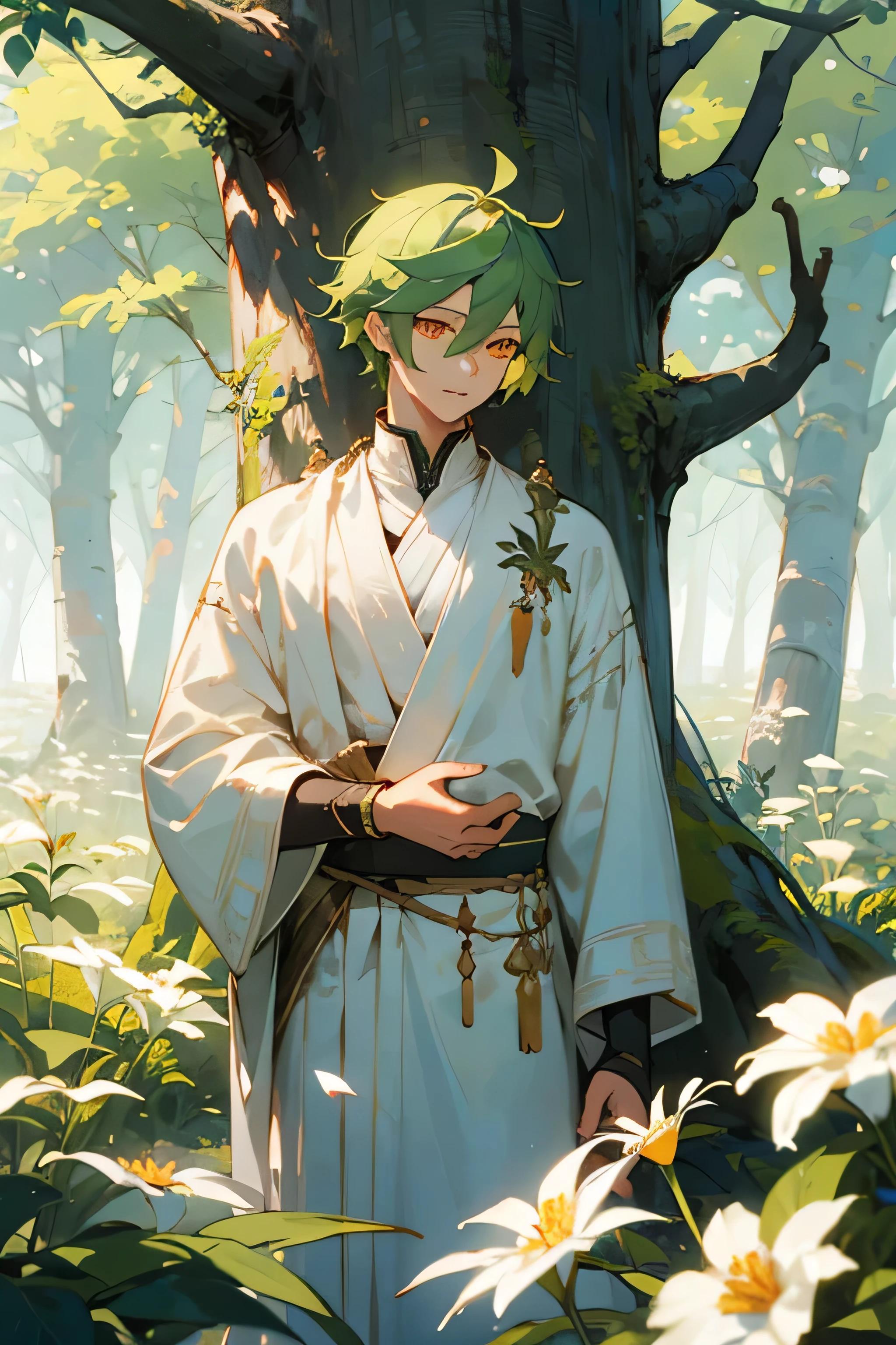 Male, Green hair, Orange eyes, White clothes, Golden accesories, surrounded by trees, Nature, flowers