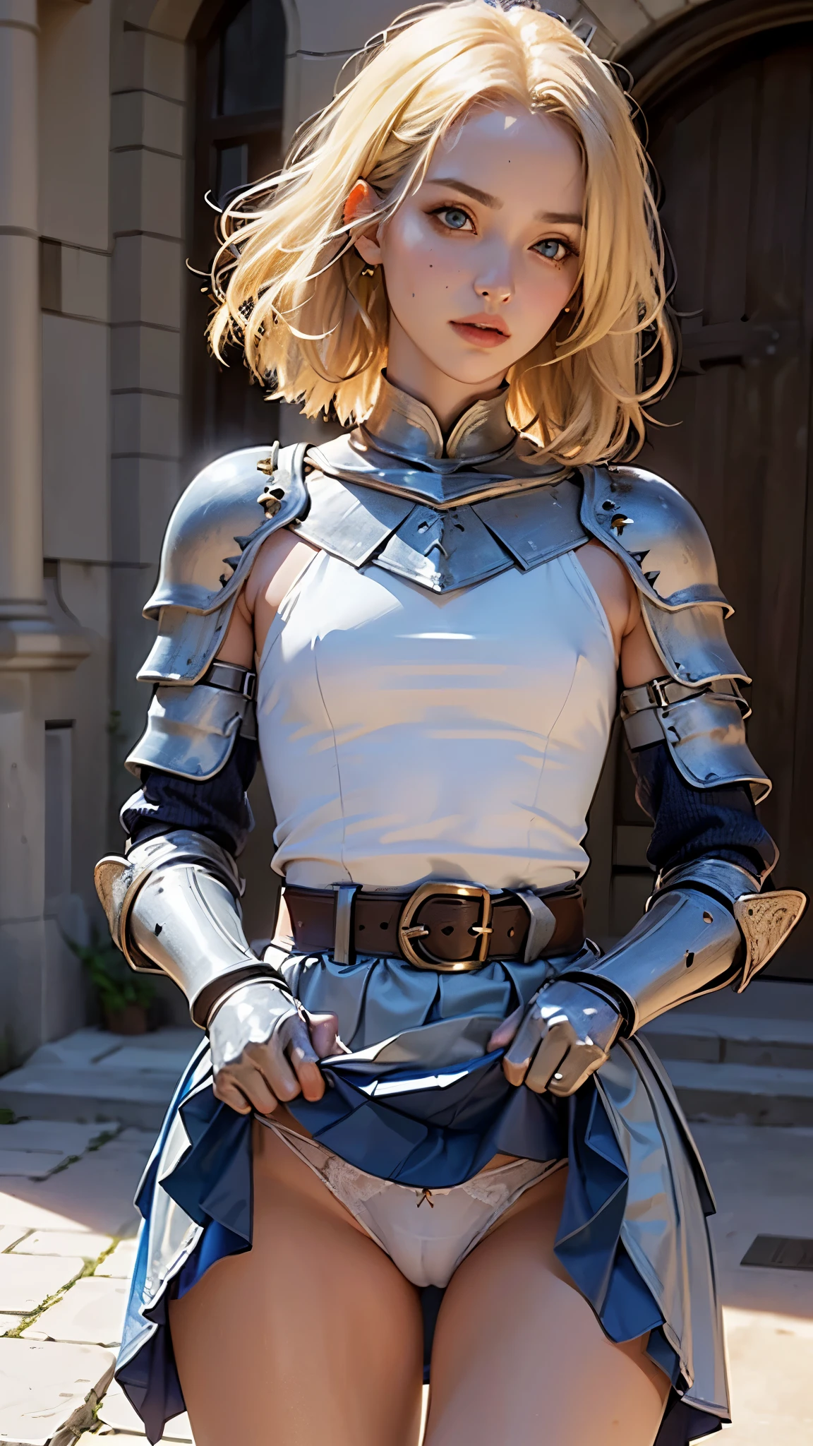 (female warrior: 1.5), (blonde warrior girl: 1.3), 1 girl, solo, pretty girl, young girl, (blonde hair), (blue eyes), thin girl, small breasts, pretty face, slim waist, thin legs , gap between thighs, (knight's armor), (steel breastplate, steel gauntlets, steel gloves: 1.1), (blue mini skirt: 1.3), (skirt lifted by itself: 1.1), (skirt lift: 1.3), (showing white panties: 1.3), white panties, tiny panties, (cameltoe: 1.2), frontal, (cowboy shot), medieval fantasy, Dungeons and dragons, RPG character, best quality, (masterpiece), ultra-realistic, 8k, (At SFW:1.7)