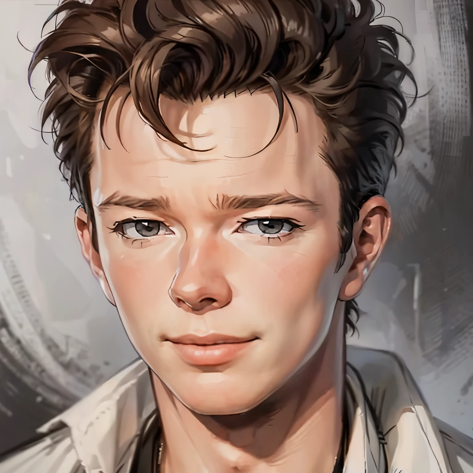 A close-up portrait of rick astley, manga style, black and white drawing