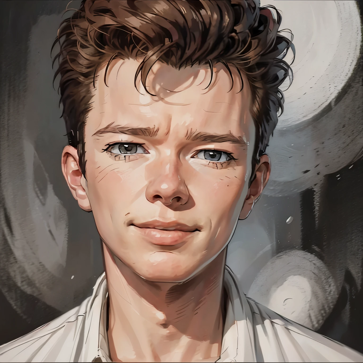 A close-up portrait of rick astley, manga style, black and white drawing