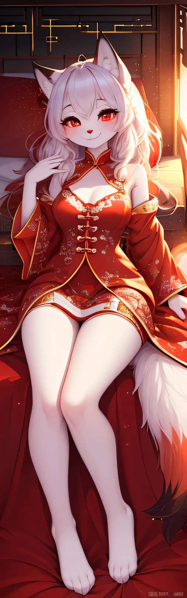 (best quality,4K,high resolution),Fluffy,White fur,Cute face,Red accents on fur,Chest,Beautiful Lights,Ambient Light,Extremely fine fur,Volumetric Lighting,fox,Chinese，Smile,Watching you,fox nose,Sparkles on clothes,flame，Overlooking，on the bed，woman，SFW content，whole body