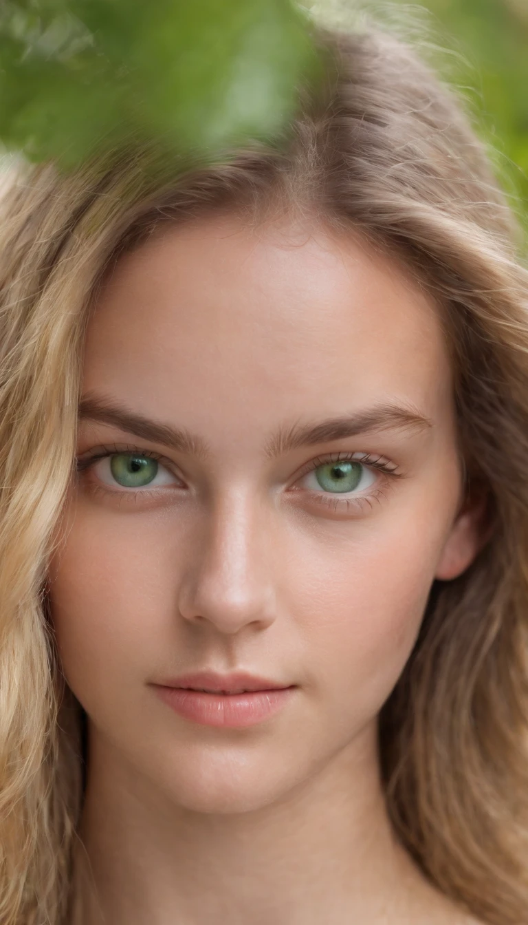 A realistic photo shot of a head face , 19 year old girl who has bright green eyes. Her look could be a beauty of the Barbuda.