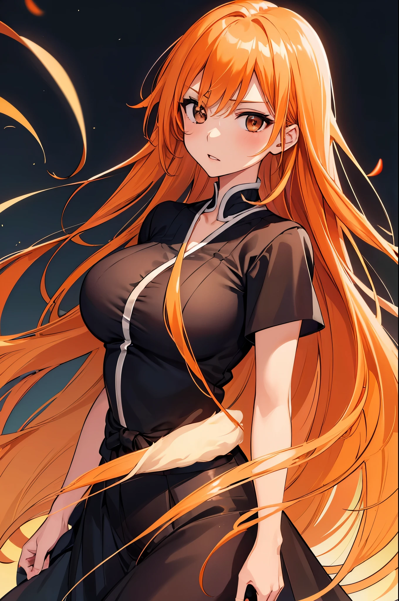 girl, with giant breasts, Orange hair, wide, orange eyes, black dress