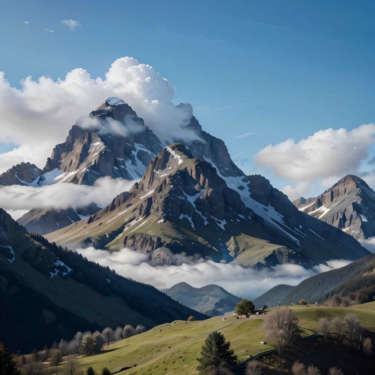 Cloud-shrouded mountains,Blue sky trees, mountain scene, soft focus matte painting, 8 k resolution digital painting, 8k resolution digital painting, matte digital painting, 4k hd matte digital painting, 4 k matte painting, mattepainting, 8 k matte painting, 8k matte painting, beautiful mattepainting, optimistic matte painting, flat matte painting, Majestic matte painting